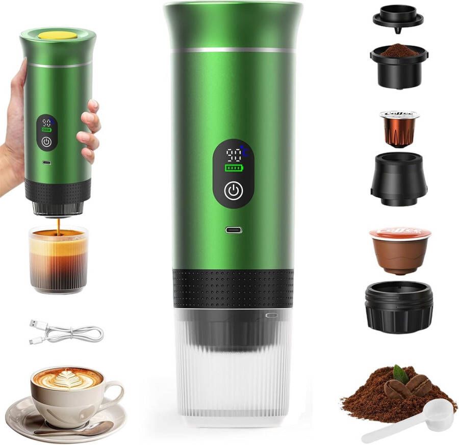 VHV -Draagbaar koffiezetapparaat 3-in-1 Oplaadbaar draagbaar reiskoffiezetapparaat 20-25 uur 12V espressomachine voor capsule-Capaciteitsupgrade -CNC Verhoogde capaciteit-gemalen koffie voor kamperen reizen kantoor auto en thuis (Groen)