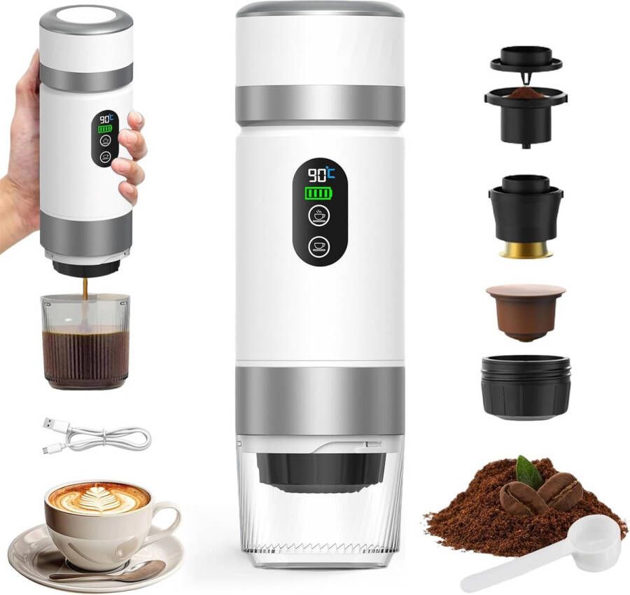 VHV Draagbare koffiemachine -de nieuwste upgrade van de derde generatie-3-in-1 elektrische espressomachine-12V oplaadbare espressomachine-voor kantoor-reizen-thuis- compatibel met espresso-capsules en gemalen koffie