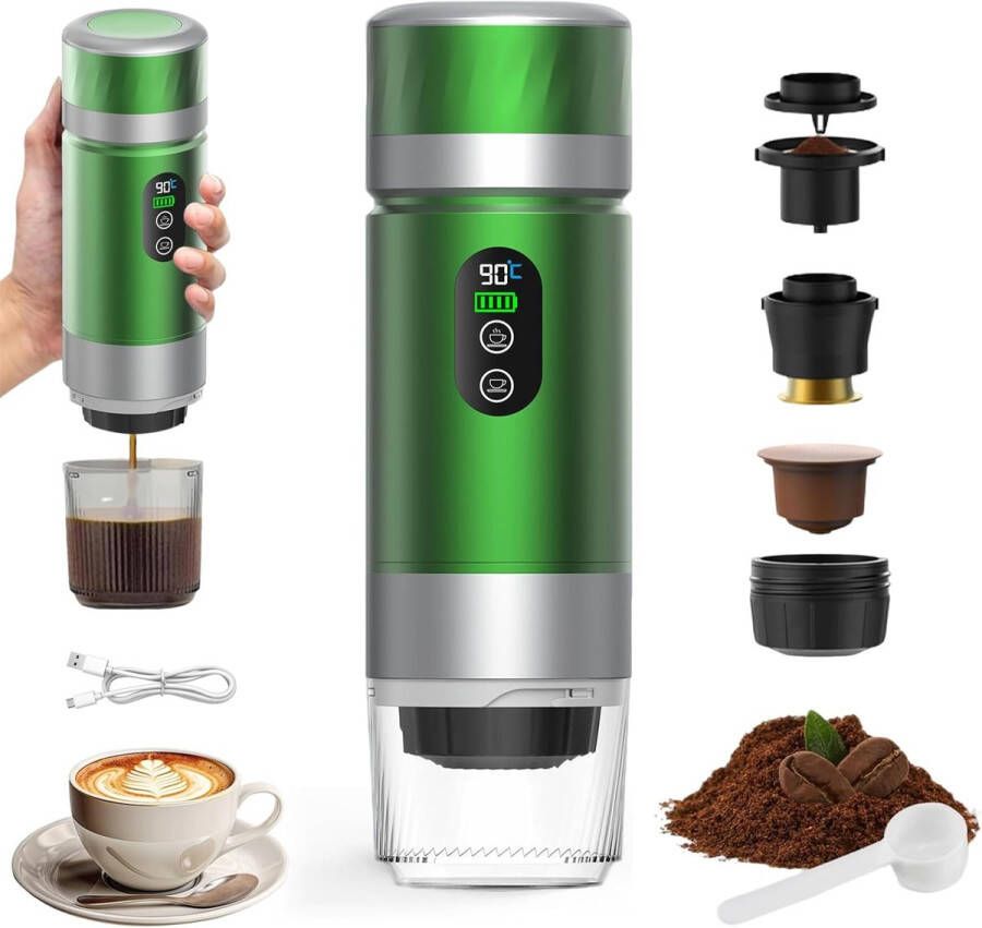 VHV Draagbare koffiemachine -de nieuwste upgrade van de derde generatie-3-in-1 elektrische espressomachine-12V oplaadbare espressomachine-voor kantoor-reizen-thuis- compatibel met espresso-capsules en gemalen koffie