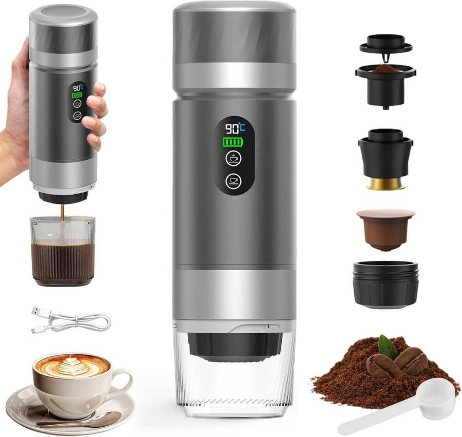 VHV Draagbare koffiemachine -de nieuwste upgrade van de derde generatie-3-in-1 elektrische espressomachine-12V oplaadbare espressomachine-voor kantoor-reizen-thuis- compatibel met espresso-capsules en gemalen koffie