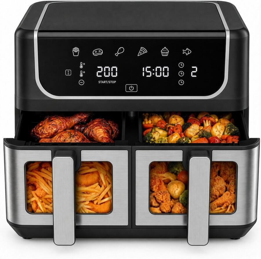 VHV -Dubbele airfryer met 2 manden en kijkvenster 10L hetelucht friteuse 36 x 23 x 28 cm 2000W met digitaal touchscreen en timer RVS en kunststof Zwart
