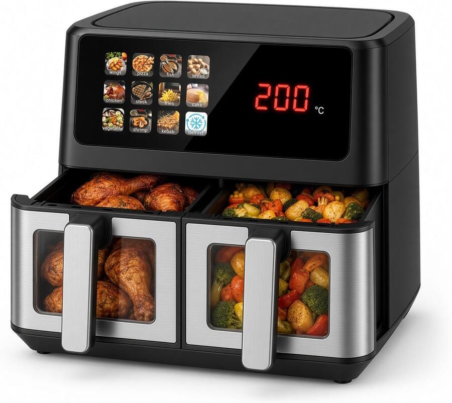 VHV -Dubbele airfryer met 2 manden en kijkvenster 10L hetelucht friteuse 38 x 24 x 30 cm 2000W met zwevend touchscreen en 12 programma's RVS en kunststof Zwart