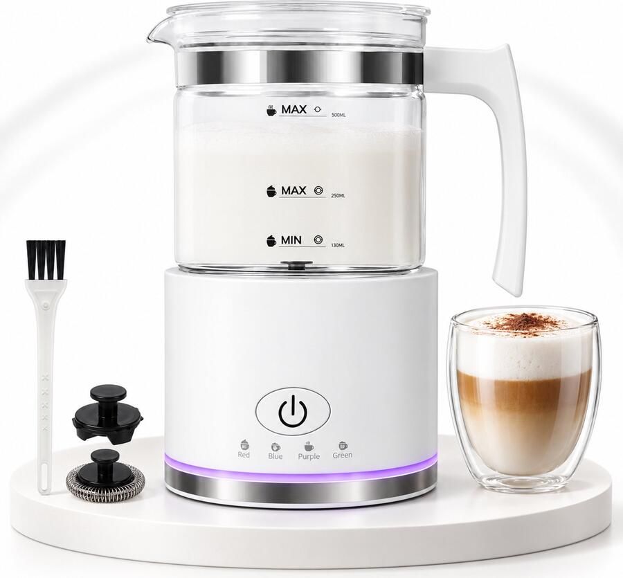 VHV -Elektrische melkopschuimer 4-in-1 Warm & koud 500 ml Afneembare glazen kan Automatisch Melkverwarmer Voor cappuccino en latte Wit
