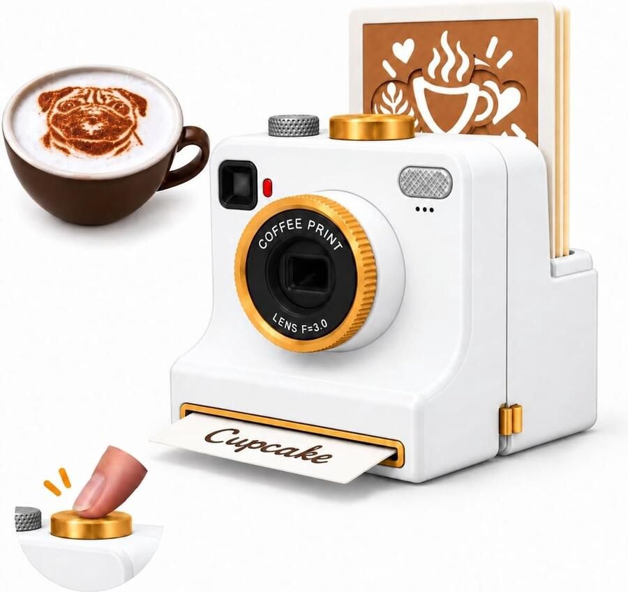 VHV -Latte-Art Maker en Handmatige Koffie-Printer in Retro-Camera Vorm 3D-Geprint Kunststof Inclusief 4 Sjablonen en 2 Poederfilters Voor Cappuccino en Warme Chocolademelk Wit 12 x 12 x 12 cm