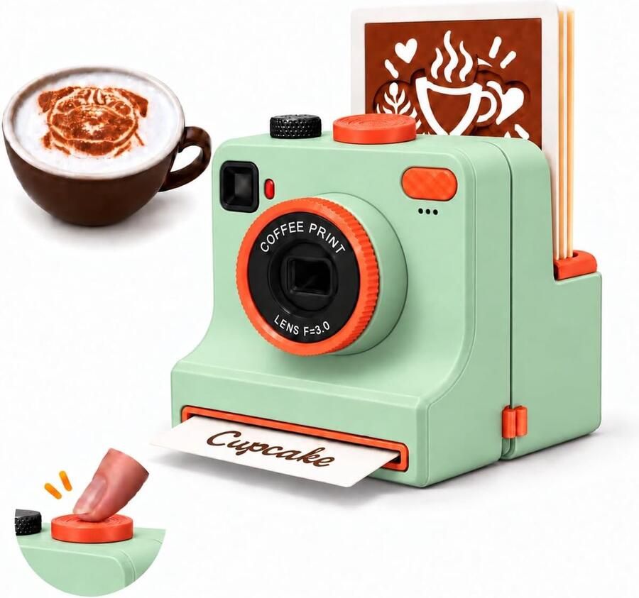 VHV -Latte-Art Maker en Handmatige Koffie-Printer in Retro-Camera Vorm 3D-Geprint Kunststof Inclusief 4 Sjablonen en 2 Poederfilters Voor Cappuccino en Warme Chocolademelk Groen 12 x 12 x 12 cm