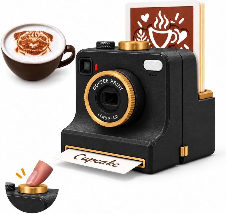 VHV -Latte-Art Maker en Handmatige Koffie-Printer in Retro-Camera Vorm 3D-Geprint Kunststof Inclusief 4 Sjablonen en 2 Poederfilters Voor Cappuccino en Warme Chocolademelk Zwart 12 x 12 x 12 cm