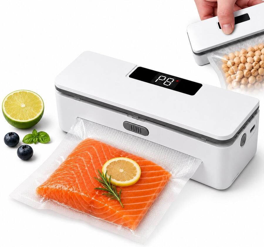 VHV Mini Zak Sealer 2-in-1 Zakjes Sealer met Snijder 8 Warmtestanden Digitaal Display USB-C Oplaadbaar Magnetische Achterkant 13 2 cm Wit