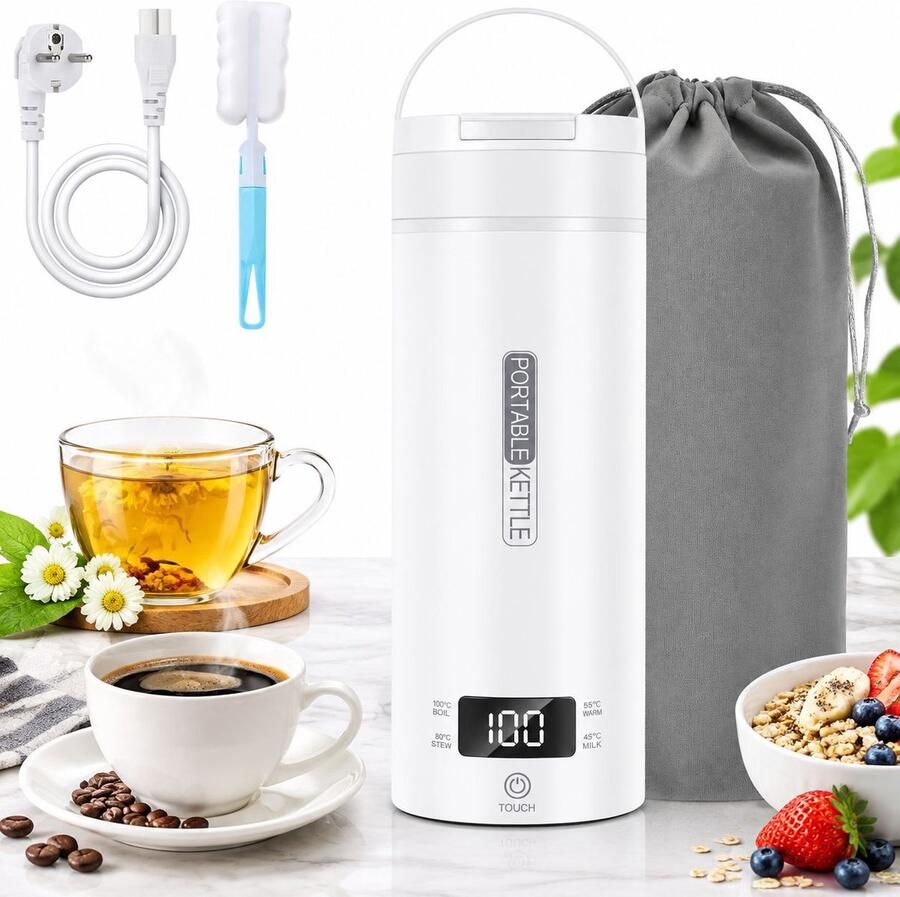VHV Waterkoker met temperatuurregeling Elektrische reiswaterkoker Klein 500ML Warmhoudfunctie Display RVS Wit Thermosbeker travel mug Met schone borstel opbergtas Snel kokend water