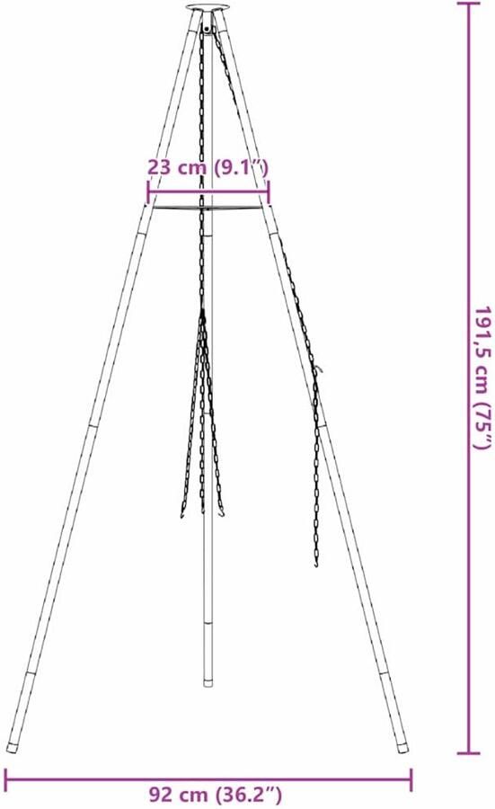 VidaXL Kampvuur tripod Zwart 92 x 92 x 191 5 cm Staal