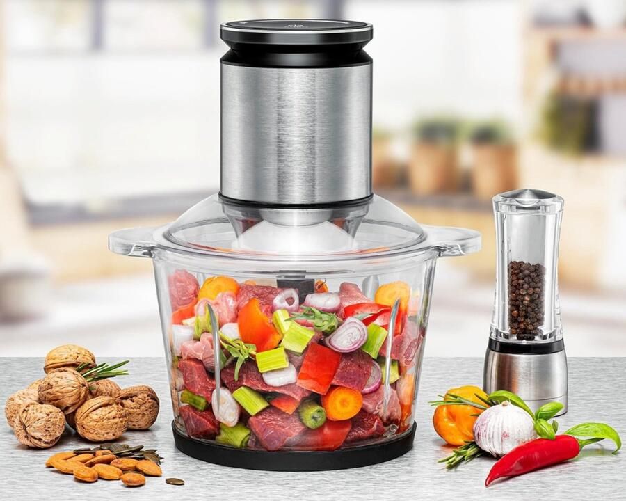 Vin Multihakker Hakmolen Groentehakker – Groentesnijder – Chopper – Elektrisch – Uienhakker – 800W – 2.7 Liter inhoud – Mes Met 9 Bladen