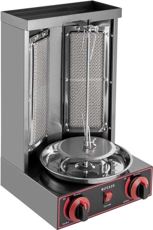 Aura Professionele Kebab Grill – Verticale Grill Met Temperatuurinstelling – Donorgrill Met Opvangbak – Shoarmagrill Kebabgrill Grill Apparaat 3000 W 220 V – Zwart 30cm x 30cm x 48cm