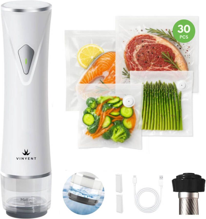 VINYENT vacuümmachines – Vacuüm Sealer – Vacuümzakken (30x) – Wijnstopper – Vacuümpomp Draadloos Incl. USB lader