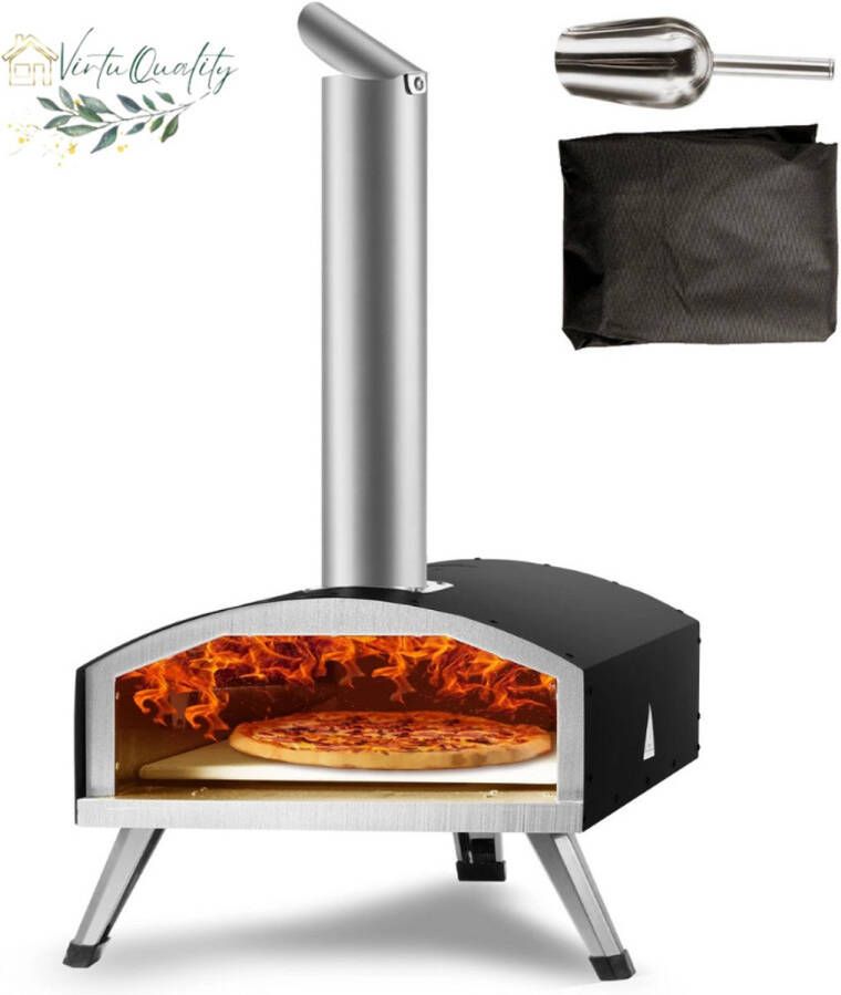 VirtuQuality Pizzaoven Pizzaovens voor buiten 12 Inch Pizzaoven Pizza oven buiten Pellet Pizza oven Duurzaam Pizzaoven voor buiten Pizza Oven Houtgestookte Pizza Oven Tuin 54x41x69 CM RVS Zwart