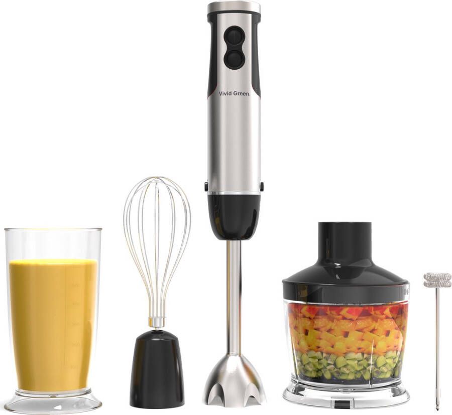 Vivid Green Complete krachtige Staafmixer Set 5-delig Hakmolen 12 Snelheden Incl. Melkopschuimer & Maatbeker RVS 1000 Watt - Foto 3