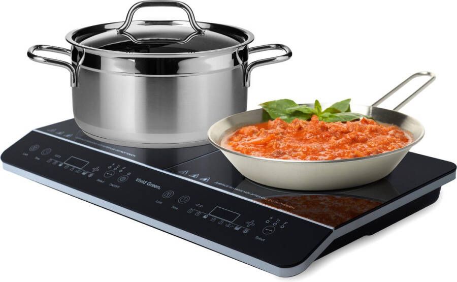 Vivid Green Inductie Kookplaat Vrijstaand 2 Pits 1500 + 2000 Watt 10 standen Zwart