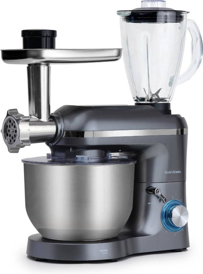 Vivid Green Keukenmachine multifunctioneel 2000W – Keukenrobot – Foodprocessor – Keukenmixer met RVS Mengkom – Incl. 15 Accessoires – Incl. Gehaktmolen en Blender 6.2L – Grijs – - Foto 2