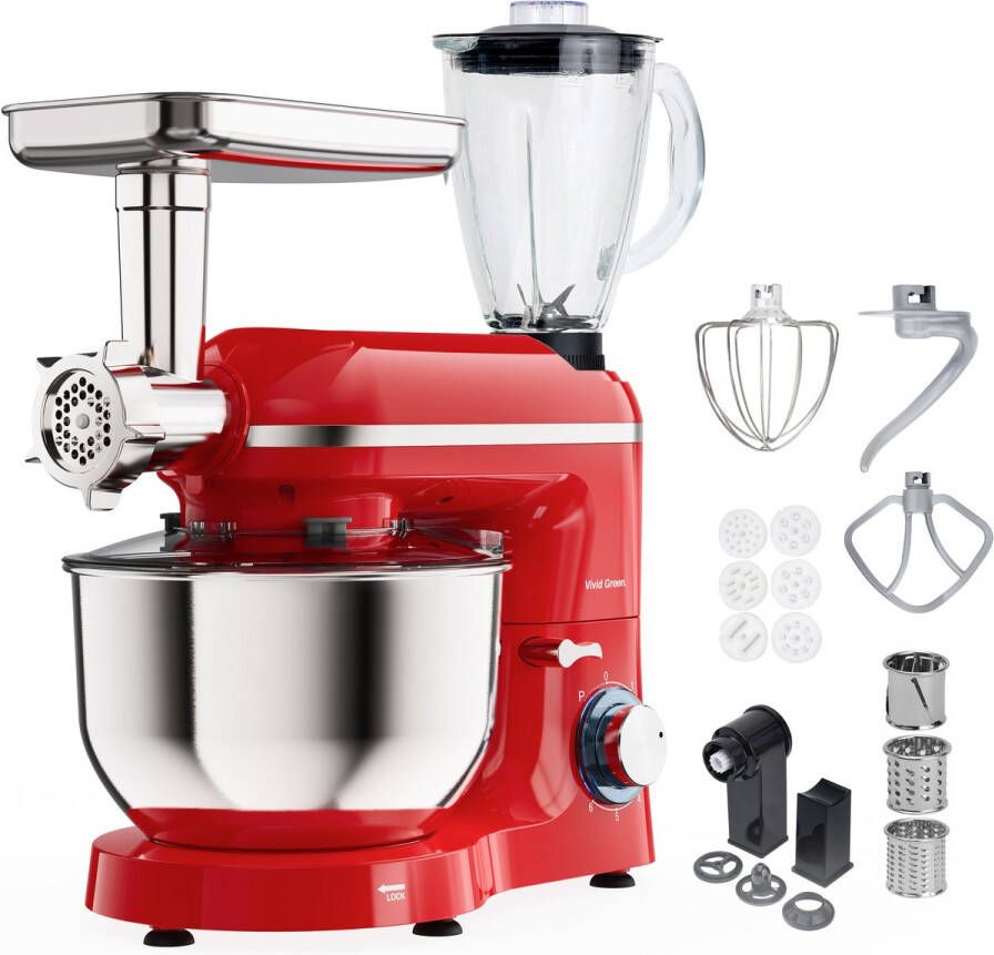 Vivid Green Keukenmachine multifunctioneel 2000W – Keukenrobot – Foodprocessor – Keukenmixer met RVS Mengkom – Incl. 15 Accessoires – Incl. Gehaktmolen en Blender 6.2L – Rood –