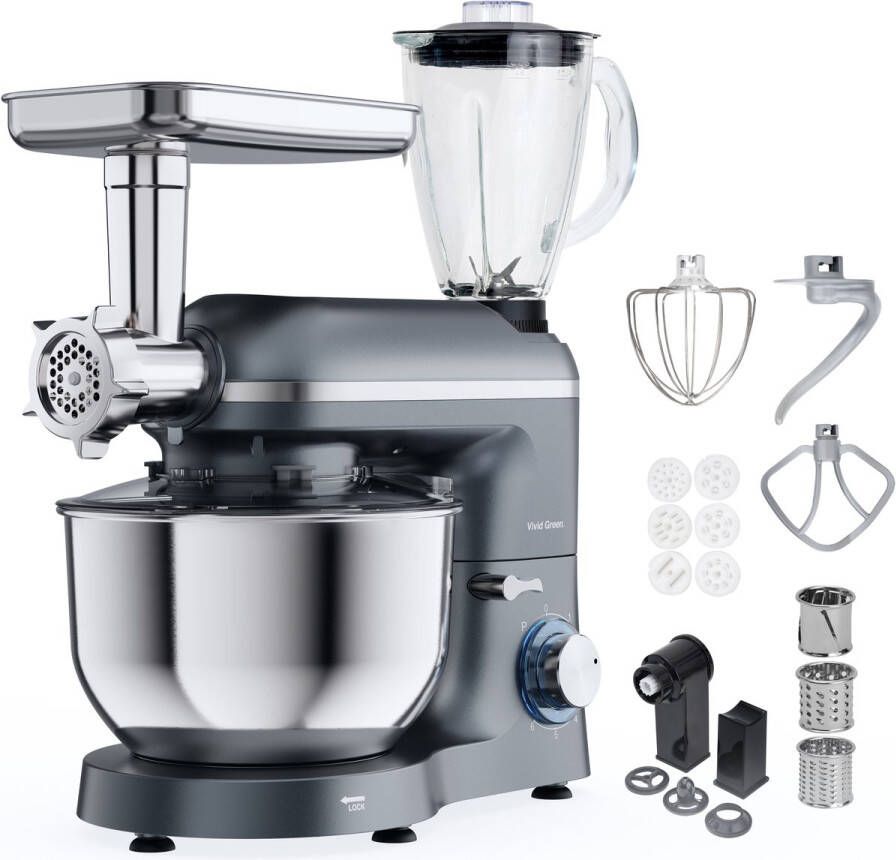 Vivid Green Keukenmachine multifunctioneel 2000W – Keukenrobot – Foodprocessor – Keukenmixer met RVS Mengkom – Incl. 15 Accessoires – Incl. Gehaktmolen en Blender 6.2L – Grijs –