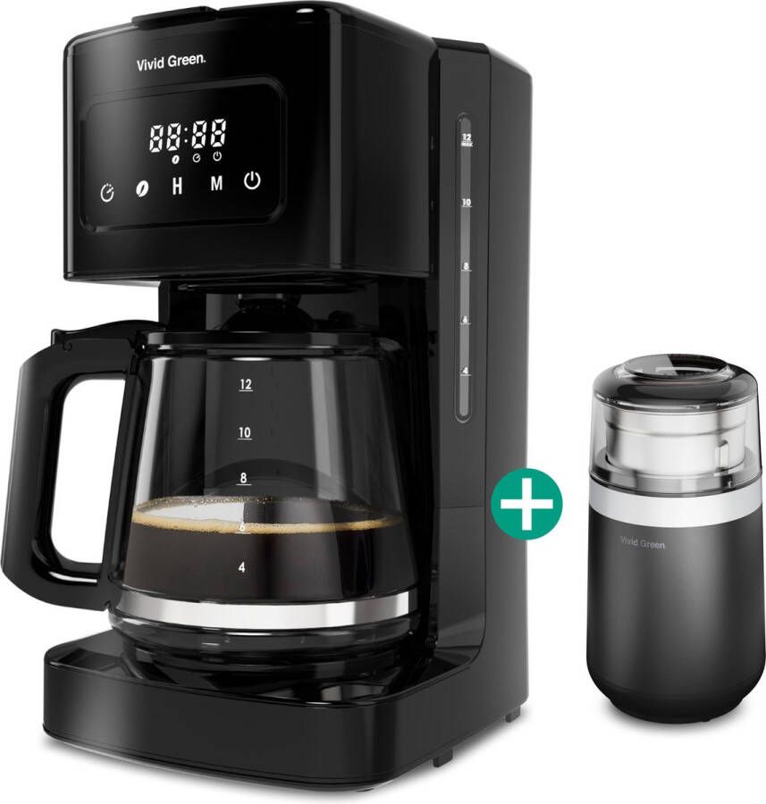 Vivid Green Koffiezetapparaat Filterkoffie Digitaal Display 14 Koppen 1.8L Zwart incl Elektrische koffiemolen