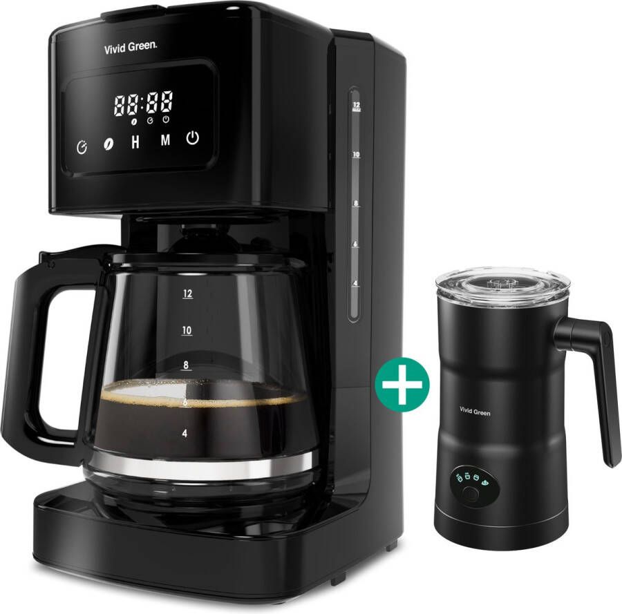 Vivid Green Koffiezetapparaat Filterkoffie Digitaal Display 14 Koppen 1.8L Zwart Met een Melkopschuimer