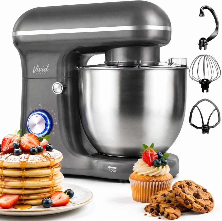 Vivid Green 1500W Keukenrobot 5L Mengkom 10 Snelheden Keukenmixer Keukenmachine Grijs