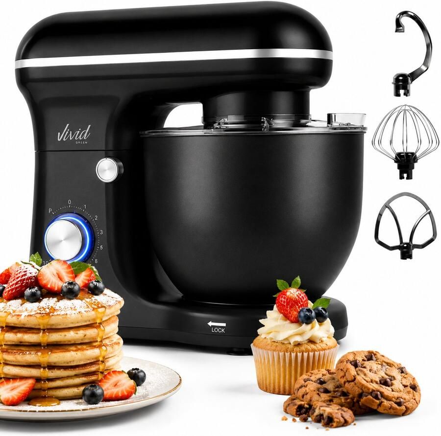 Vivid Green 1500W Keukenrobot 5L Mengkom 10 Snelheden Keukenmixer Keukenmachine Matzwart