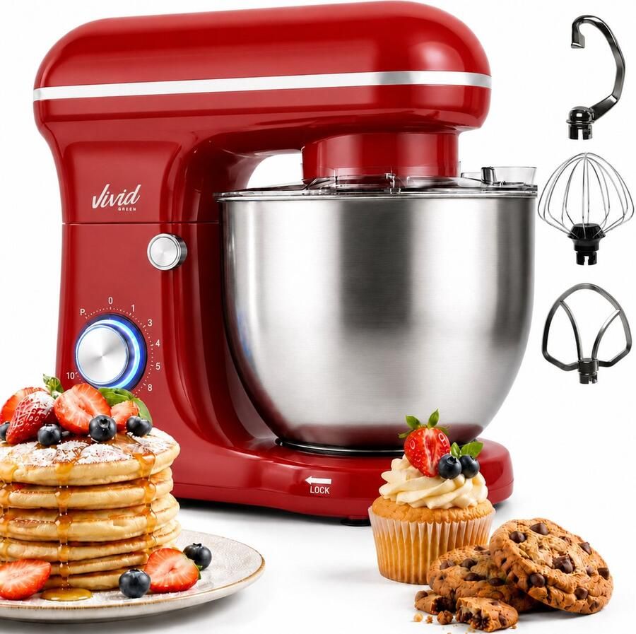 Vivid Green 1500W Keukenrobot 5L Mengkom 10 Snelheden Keukenmixer Keukenmachine Rood