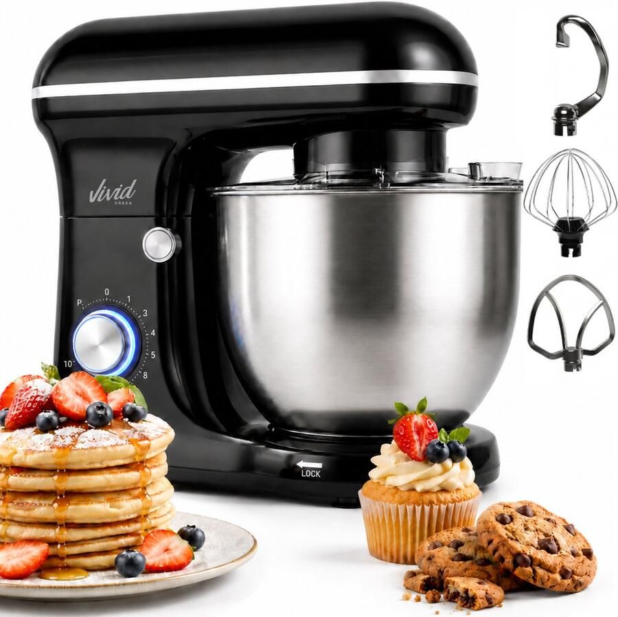 Vivid Green 1500W Keukenrobot 5L Mengkom 10 Snelheden Keukenmixer Keukenmachine Zwart