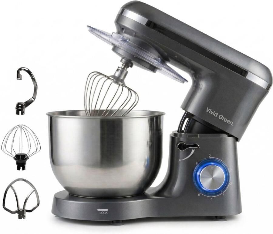 Vivid Green Keukenmachine 2000W Keukenrobot Foodprocessor Keukenmixer met RVS Mengkom Incl. 5 Accessoires 6.2L Grijs