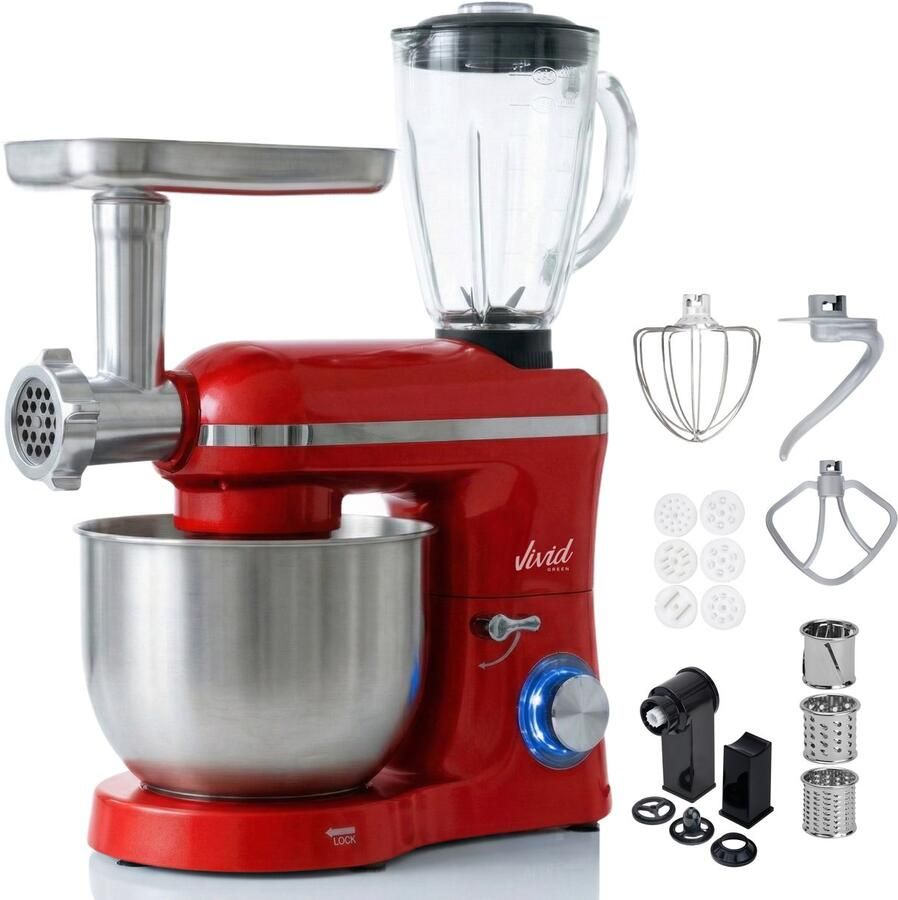 Vivid Green Keukenmachine multifunctioneel 2000W – Keukenrobot – Foodprocessor – Keukenmixer met RVS Mengkom – Incl. 15 Accessoires – Incl. Gehaktmolen en Blender 6.2L – Rood –