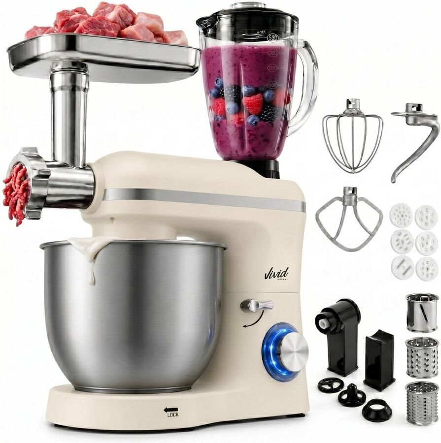 Vivid Green 2000W Keukenrobot 6.2L Alles-in-een Keukenmixer Mixer met Mengkom Keukenmachine Gehaktmolen en Blender- Pastamachine – Creme