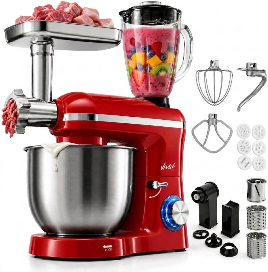 Vivid Green Keukenmachine multifunctioneel 2000W – Keukenrobot – Foodprocessor – Keukenmixer met RVS Mengkom – Incl. 15 Accessoires – Incl. Gehaktmolen en Blender 6.2L – Rood – - Foto 2