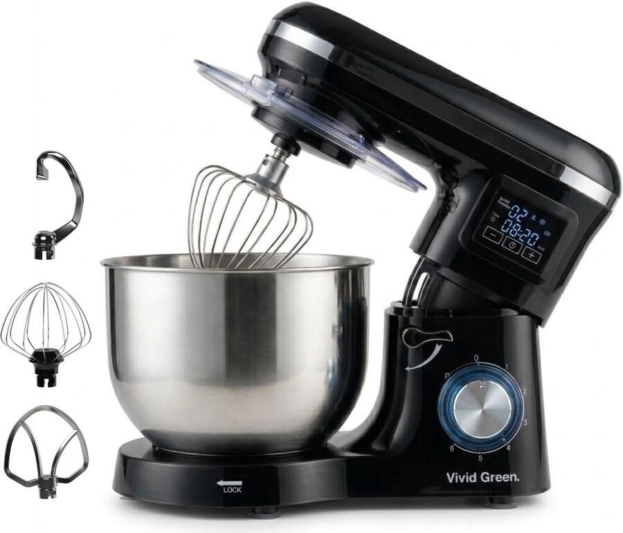 Vivid Green Keukenmachine Display en Timer 2000W Keukenrobot Keukenmixer Mixer met Mengkom 6.2L Zwart