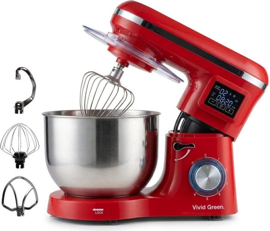 Vivid Green Keukenmachine 2000W Keukenrobot Display met Timer Foodprocessor Keukenmixer met RVS Mengkom Incl. 5 Accessoires 6.2L Rood