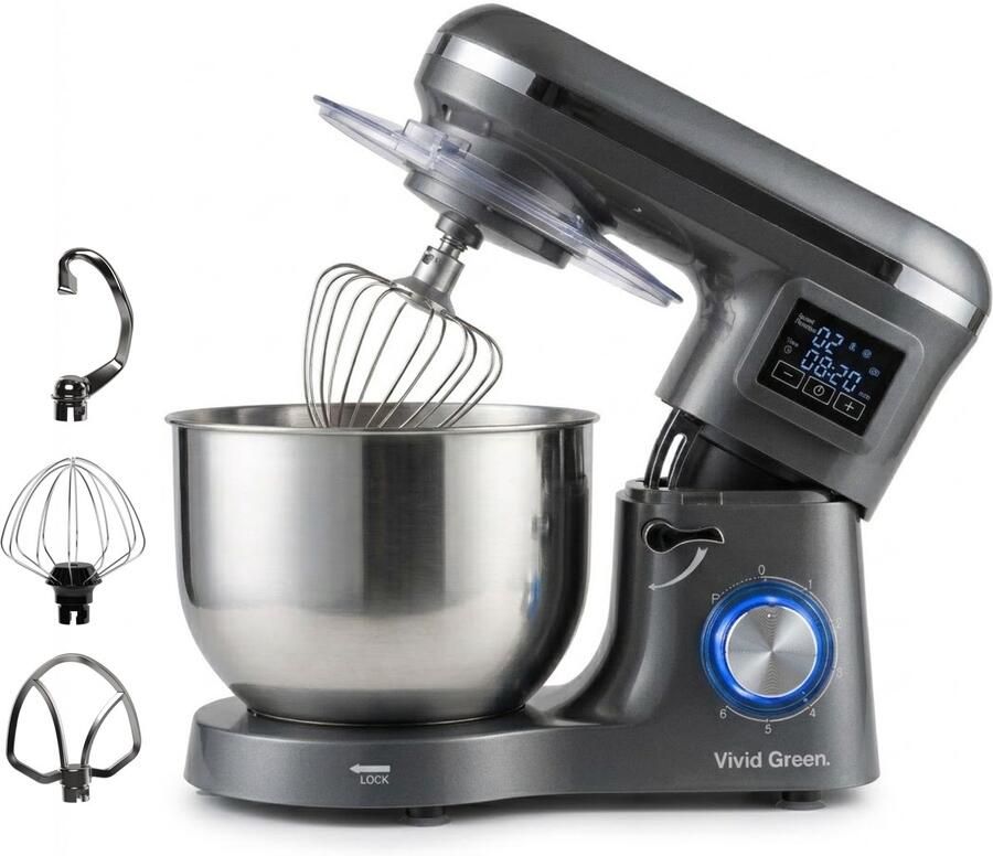 Vivid Green Keukenmachine 2000W Keukenrobot Display met Timer Foodprocessor Keukenmixer met RVS Mengkom Incl. 5 Accessoires 6.2L Antraciet