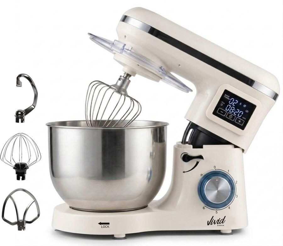 Vivid Green 2000W Keukenmixer Display en Timer Keukenmachine 6.2L Keukenrobot Mixer met Mengkom Creme