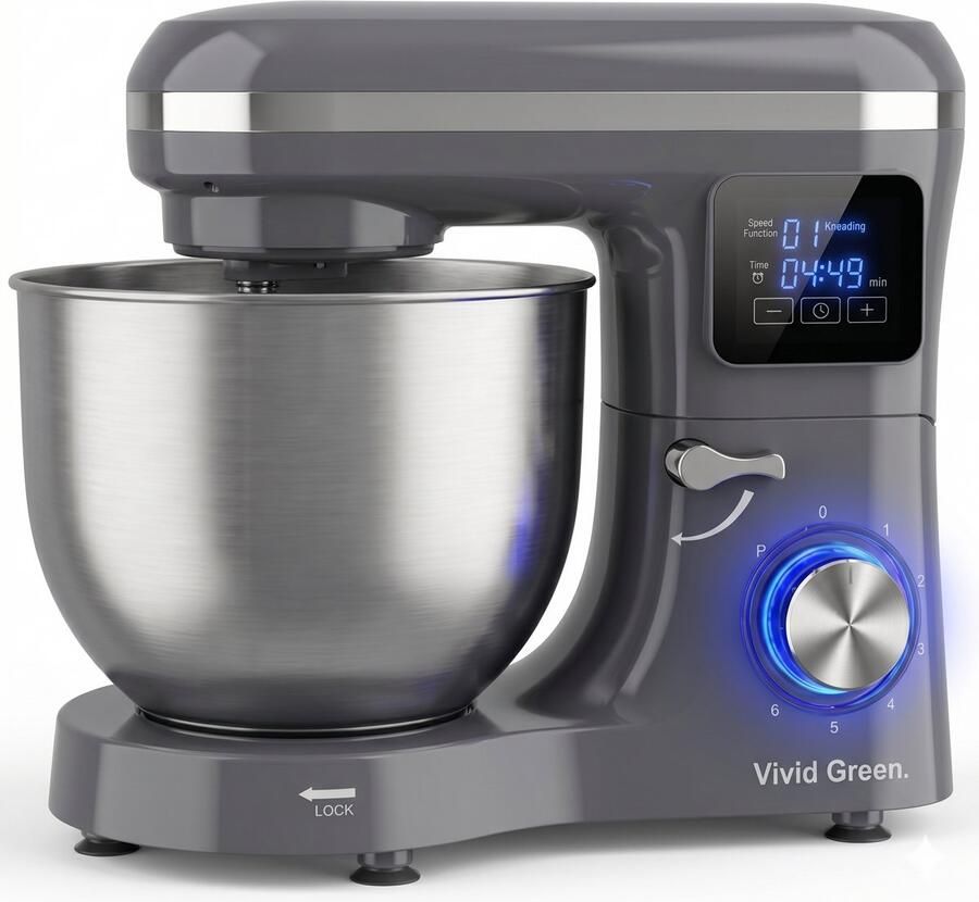 Vivid Green Keukenmachine 2000W Keukenrobot Display met Timer Foodprocessor Keukenmixer met RVS Mengkom Incl. 5 Accessoires 6.2L Antraciet