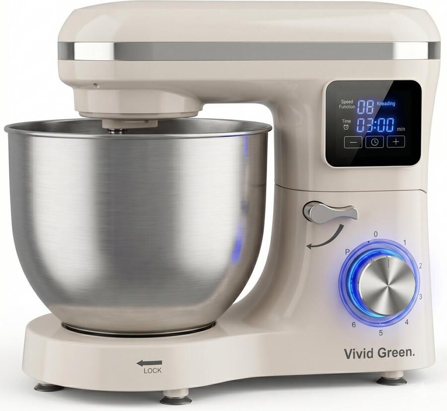 Vivid Green 2000W Keukenrobot 6.2L Display & Instelbare Timer Mixer met Mengkom Keukenmachine Keukenmixer Creme