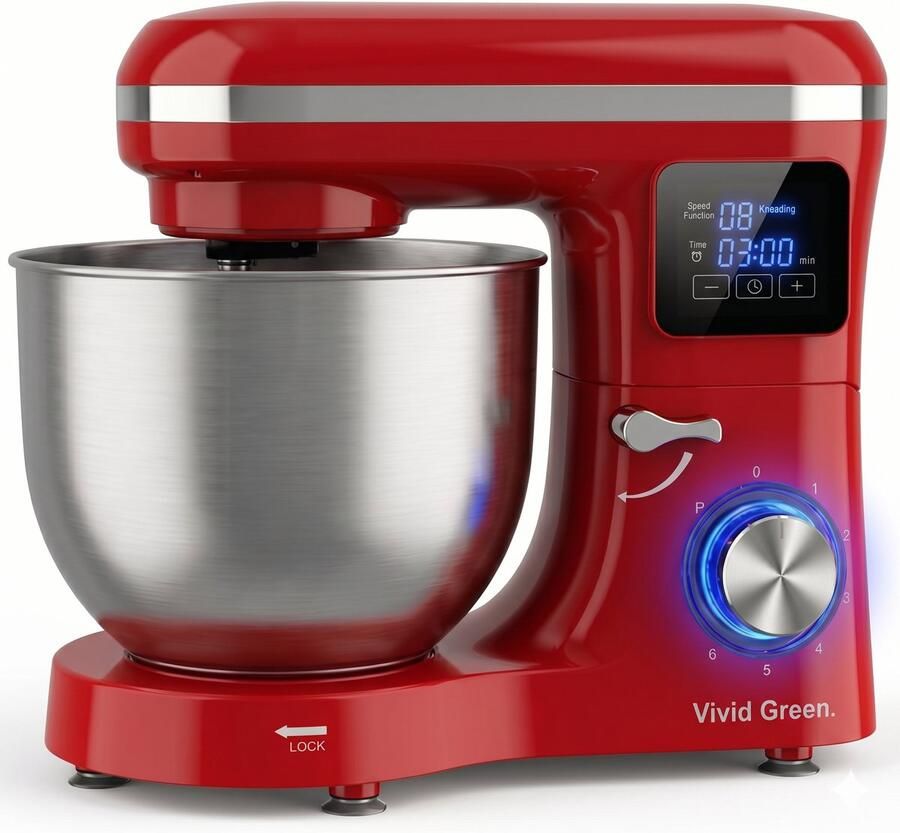 Vivid Green Keukenmachine 2000W Keukenrobot Display met Timer Foodprocessor Keukenmixer met RVS Mengkom Incl. 5 Accessoires 6.2L Rood