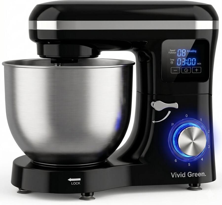 Vivid Green 2000W Keukenrobot 6.2L Display & Instelbare Timer Mixer met Mengkom Keukenmachine Keukenmixer Zwart