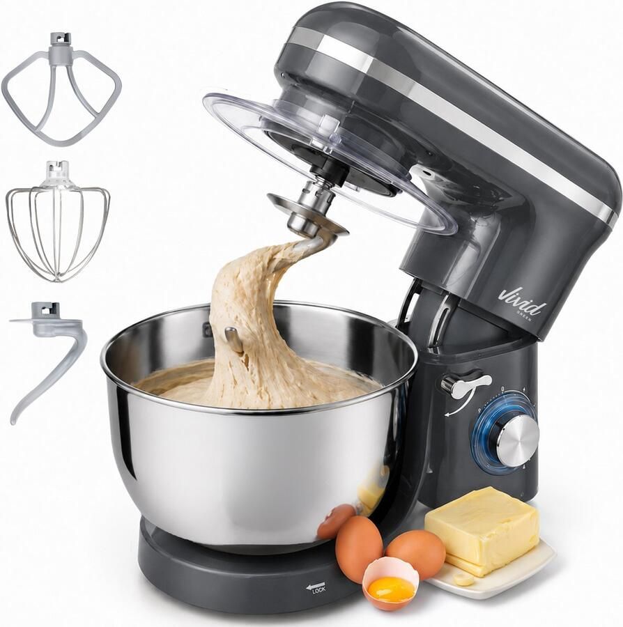 Vivid Green Keukenmachine 2000W Keukenrobot Foodprocessor Keukenmixer met RVS Mengkom Incl. 5 Accessoires 6.2L Grijs