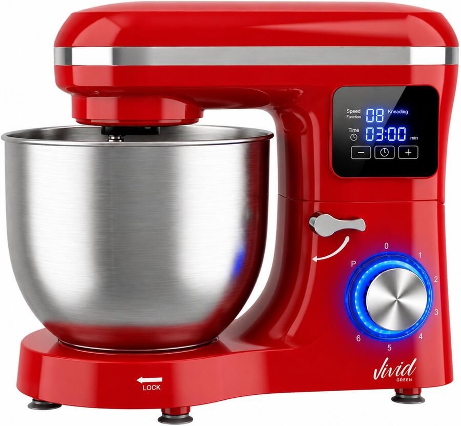 Vivid Green Keukenmachine 2000W Keukenrobot Display met Timer Foodprocessor Keukenmixer met RVS Mengkom Incl. 5 Accessoires 6.2L Rood