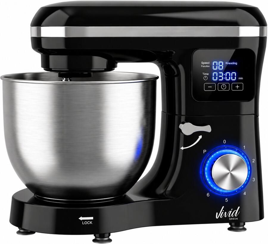 Vivid Green 2000W Keukenmixer Timer & Automatische Stop Geschikt voor Zwaar Deeg 6 2L Mengkom Keukenmachine Keukenrobot Zwart