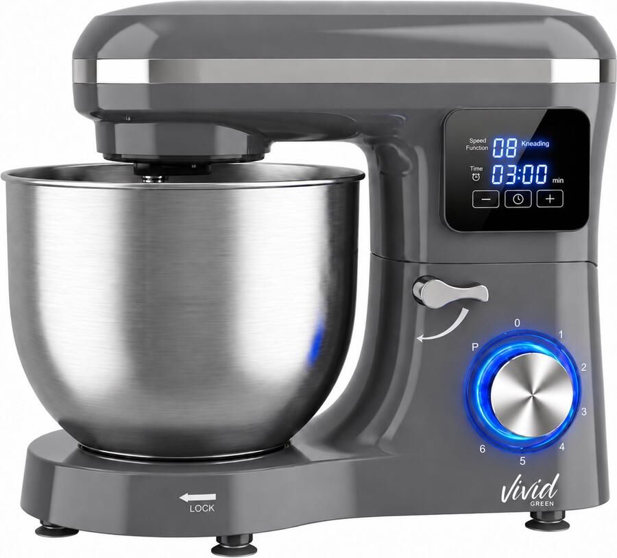 Vivid Green Keukenmachine 2000W Keukenrobot Display met Timer Foodprocessor Keukenmixer met RVS Mengkom Incl. 5 Accessoires 6.2L Antraciet