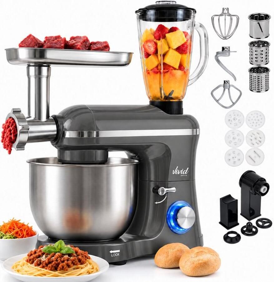 Vivid Green Keukenmachine multifunctioneel 2000W – Keukenrobot – Foodprocessor – Keukenmixer met RVS Mengkom – Incl. 15 Accessoires – Incl. Gehaktmolen en Blender 6.2L – Grijs –