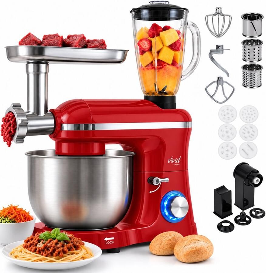 Vivid Green Keukenmachine multifunctioneel 2000W – Keukenrobot – Foodprocessor – Keukenmixer met RVS Mengkom – Incl. 15 Accessoires – Incl. Gehaktmolen en Blender 6.2L – Rood –