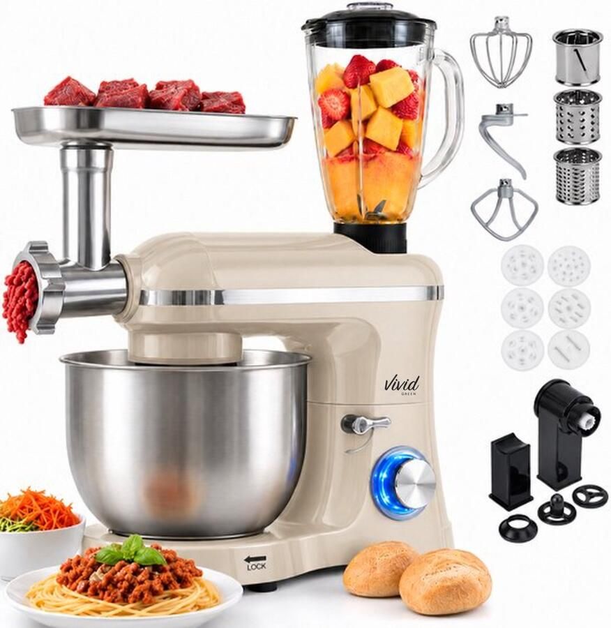 Vivid Green 2000W Keukenrobot 6.2L Alles-in-een Keukenmixer Mixer met Mengkom Keukenmachine Gehaktmolen en Blender- Pastamachine – Creme