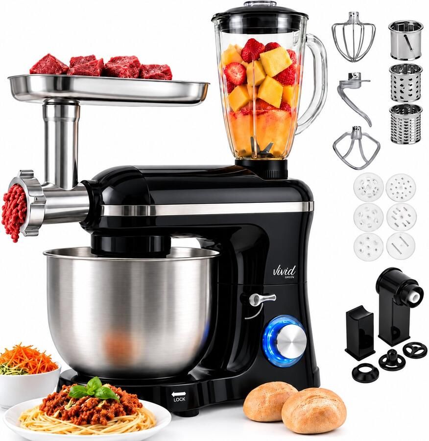Vivid Green Keukenmachine multifunctioneel 2000W – Keukenrobot – Foodprocessor – Keukenmixer met RVS Mengkom – Incl. 15 Accessoires – Incl. Gehaktmolen en Blender 6.2L – Zwart –