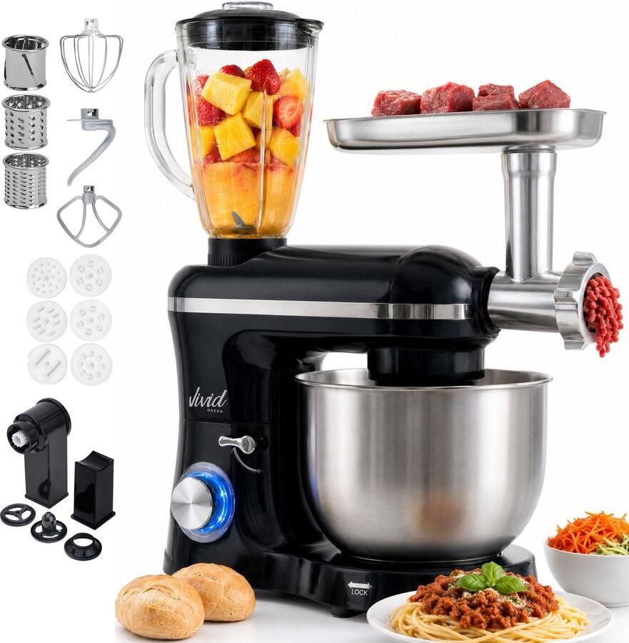 Vivid Green Keukenmachine multifunctioneel 2000W – Keukenrobot – Foodprocessor – Keukenmixer met RVS Mengkom – Incl. 15 Accessoires – Incl. Gehaktmolen en Blender 6.2L – Zwart – - Foto 2