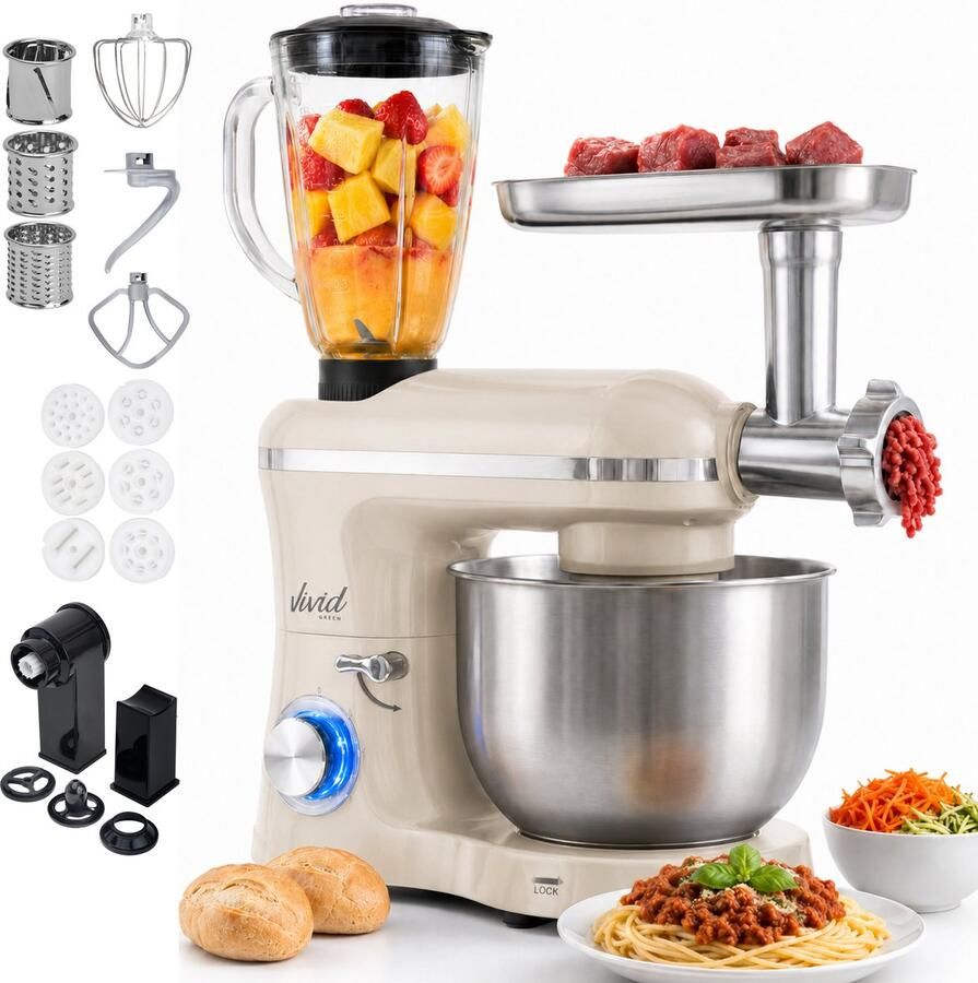 Vivid Green 2000W Keukenrobot 6.2L Alles-in-een Keukenmixer Mixer met Mengkom Keukenmachine Gehaktmolen en Blender- Pastamachine – Creme - Foto 2